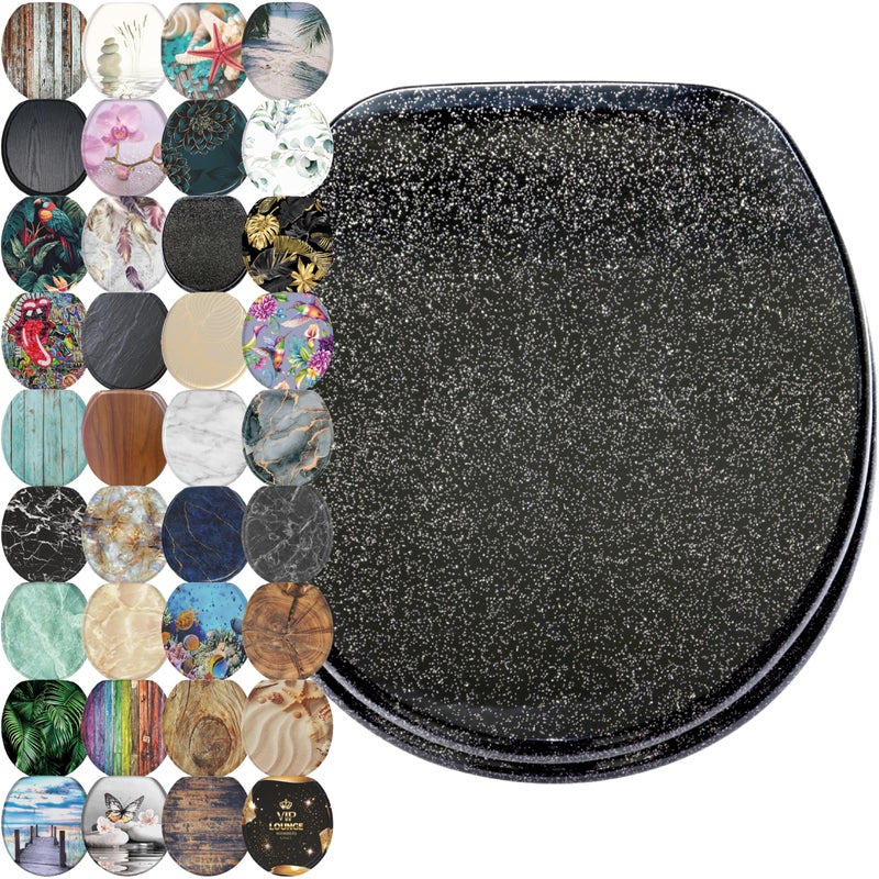 SANILO Wooden Toilet Seat with Soft Close [ROUND] - Decorative, Quiet & Slow Close Molded Wood Seat - With Strong Bumpers & Hinges - Adjustable Fit â€“ Glittering Black - Image 1